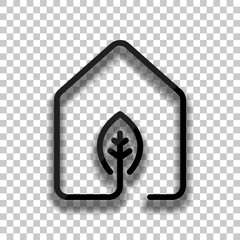 house with eco leaf icon. line style. Black glass icon with soft shadow on transparent background