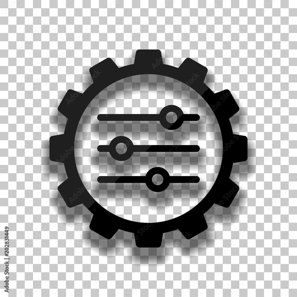 Aufkleber setting icon in gear. black glass icon with soft shadow on transparent background