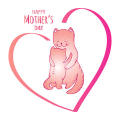 Happy Mother's Day greeting card with hugging mother cats in heart - vector illustration