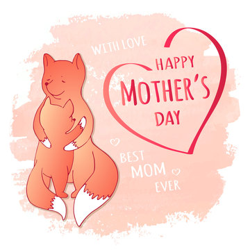 Happy Mother's Day greeting card with hugs mother fox and with Lettering in heart on watercolor background - vector illustration
