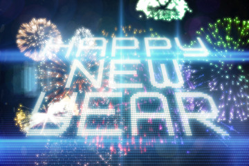 Colourful fireworks exploding on black background against happy new year on tech background