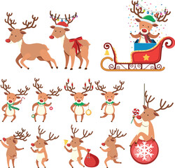 Reindeer in Different Action on White Background