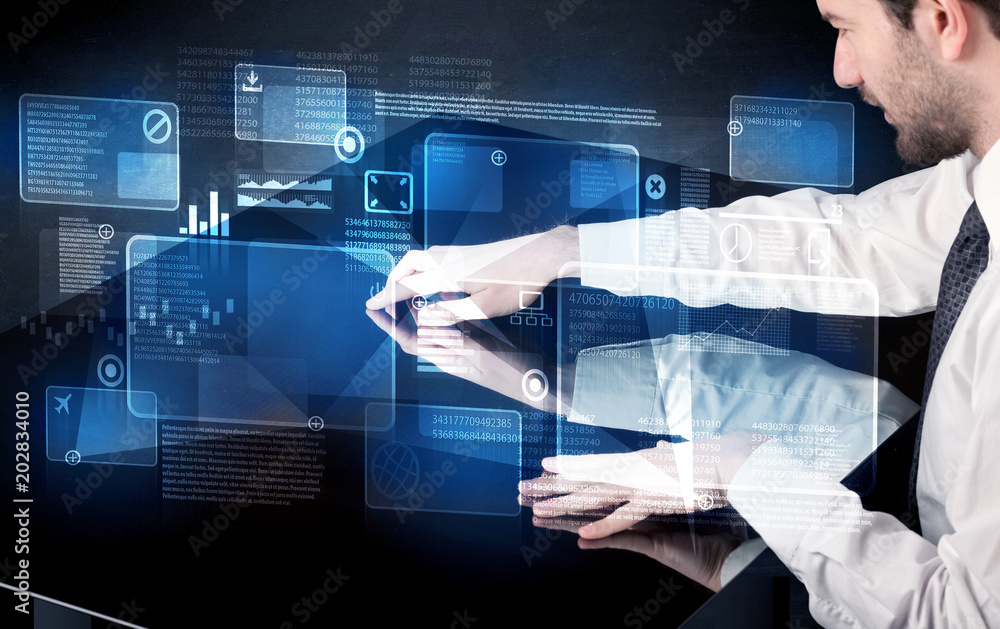 Poster Man pressing technology smart table interface with blue graphs