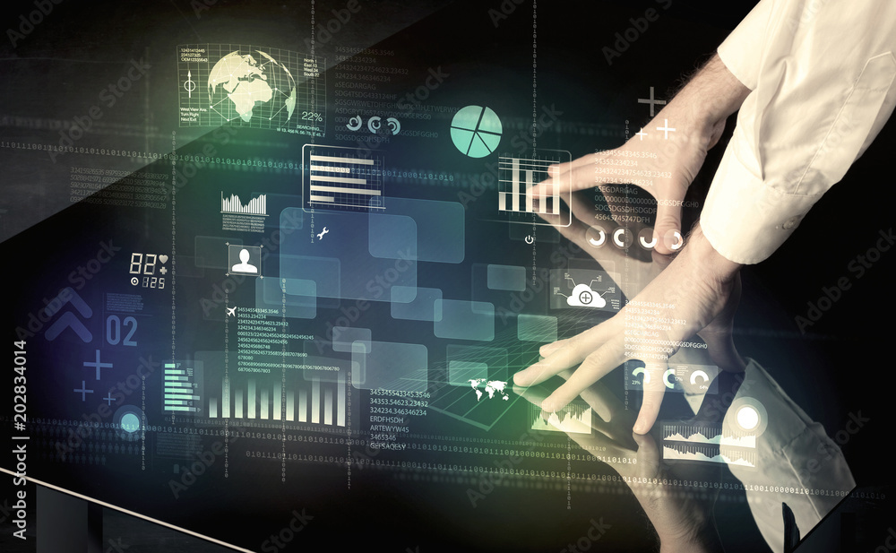 Poster businessman touching interactive modern desk with technology icons on table