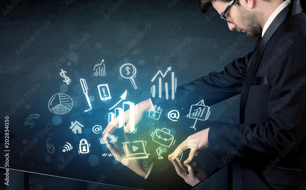 Poster Man touching technology smart table with business icons and symbols
