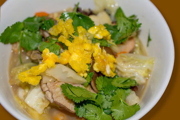 Braised Napa cabbage with Egg floss, closeup and top view