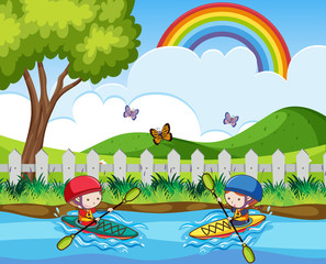 Obraz na płótnie Canvas Doodle kids Canoeing in the River