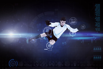 Football player against blue dots on black background