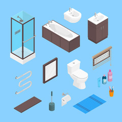 Vector bathroom isometric furniture interior elements set. Lavatory elements and equipment set isolated on plain background