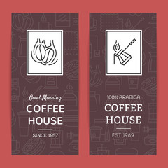Vector tea and coffee linear icons flyer or card templates for coffee house or shop illustration