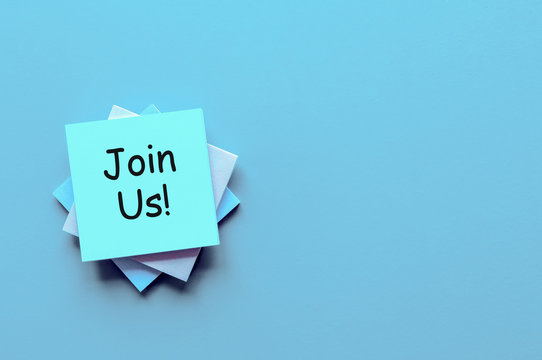 Join us - note at blue background with copy space for text, template or mockup