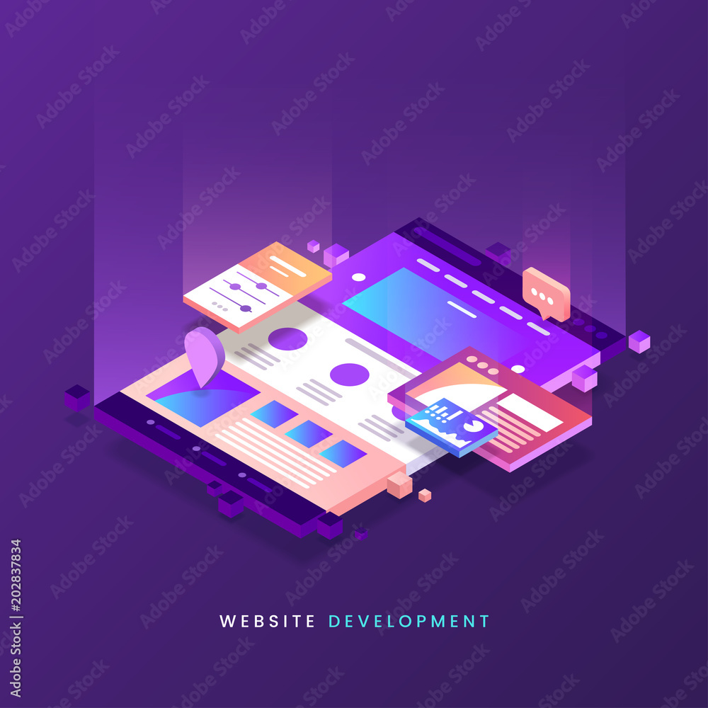 Aufkleber Website development vector illustration. Colorful Web page isometric icon. Modern landing page. Site building. Eps 10.
