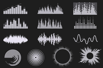 Sound digital equalizer set. Audio digital equalizer technology. Music soundwave icons. Classic, round and creative shapes. Isolated on black background. Element for your design. Vector eps 10.