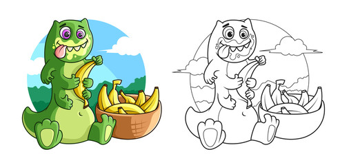 Funny green monster is eating bananas. Colored Illustration and Line Art. Coloring book page with an example