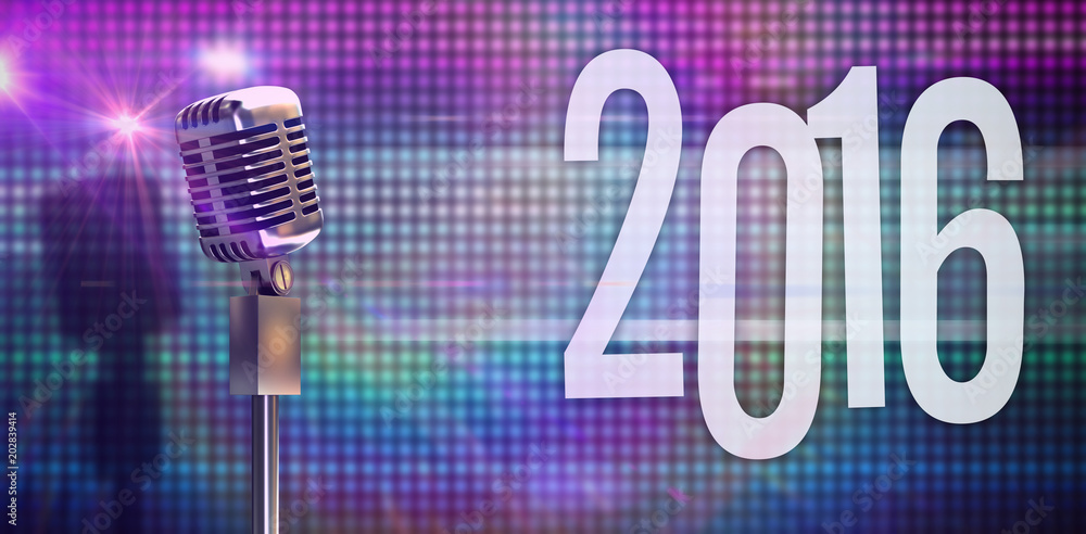 Poster digitally generated retro microphone on stand against digitally generated cool disco background