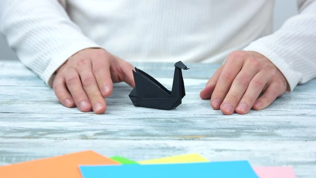 Black origami swan on wooden background. Origami bird and male hands. School of japanese paper rt.