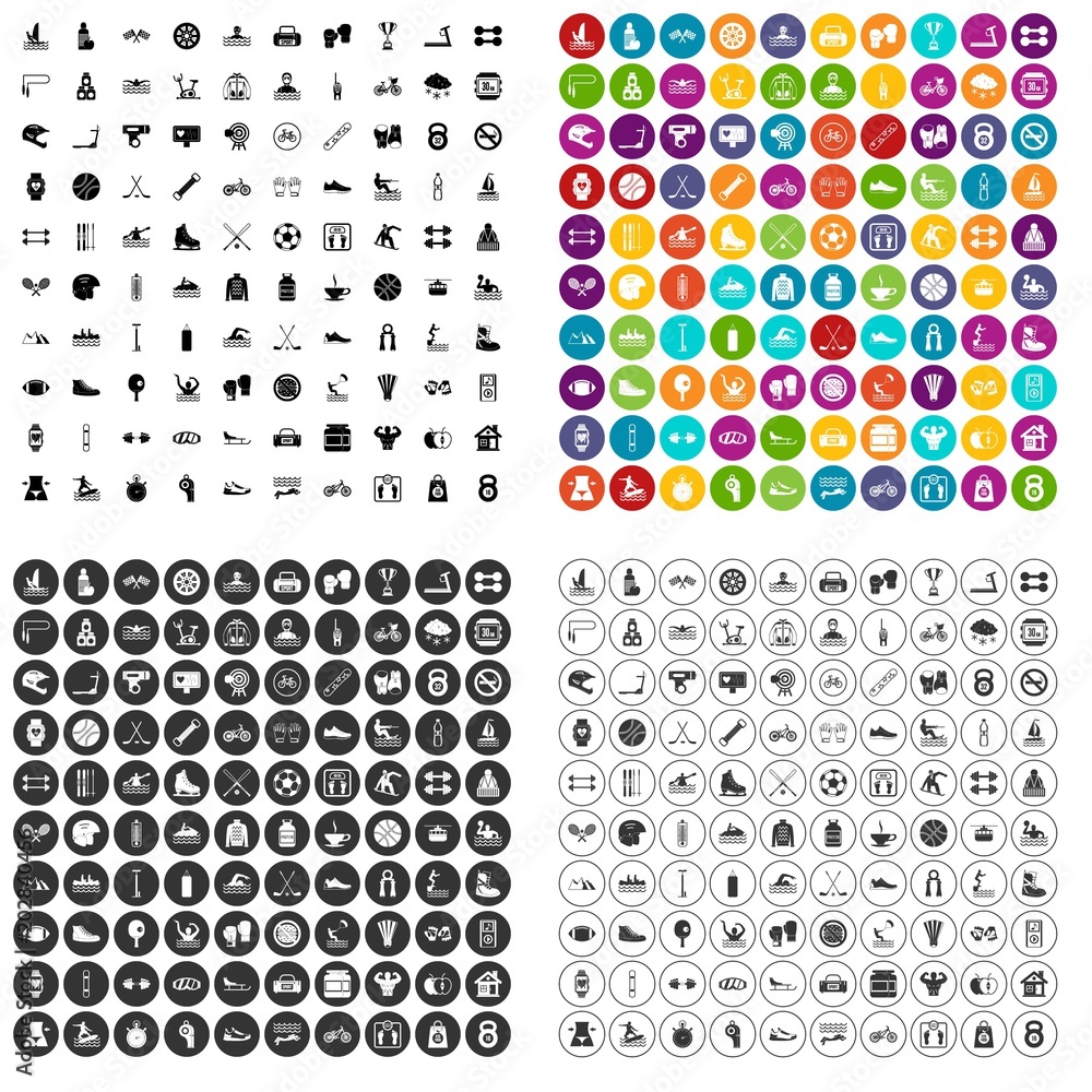 Poster 100 physical education icons set vector in 4 variant for any web design isolated on white