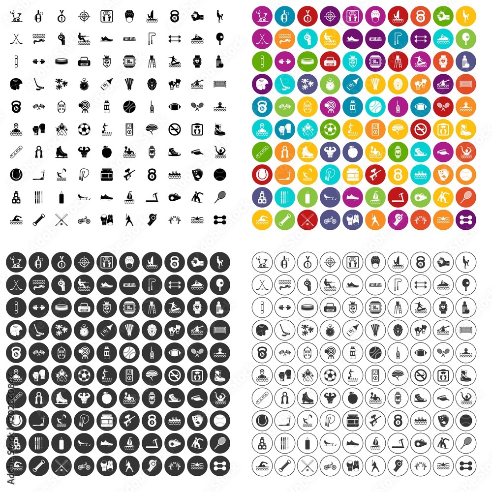 Poster 100 physical training icons set vector in 4 variant for any web design isolated on white