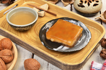 Chick peas jelly cake on wooden table