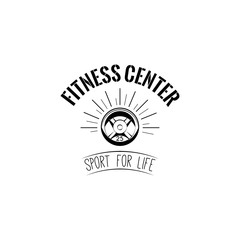 Barbell disk weight. Fitness center logo badge label. Sport for life. Vector.