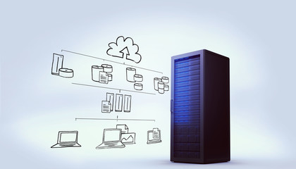 Cloud computing doodle against digitally generated black server tower