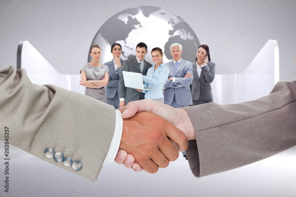 Poster side view of shaking hands against planet on grey abstract background