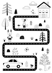 Road in the forest monochrome poster for a baby room
