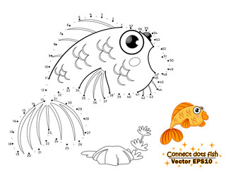 Connect the dots draw the cute cartoon fish and color. educational game for kids. Vector illustration