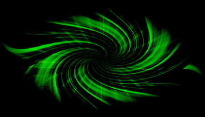  Abstract twirl spiral rotational background.  Green magic design round whirl. Space swirl trail effect isolated on black 