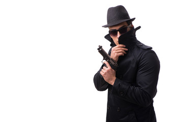 Man spy with handgun isolated on white background