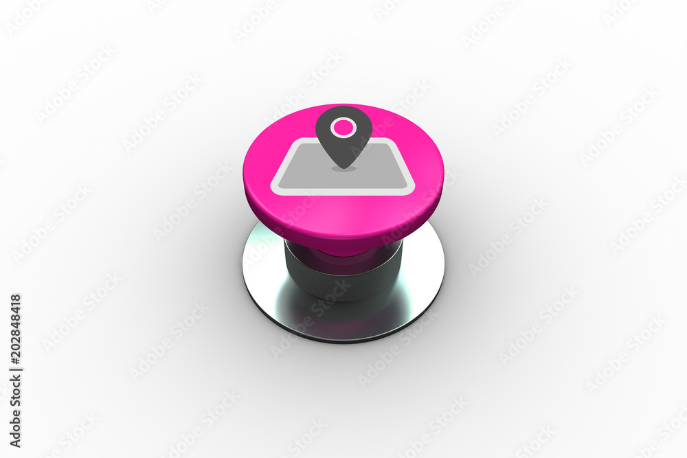 Poster composite image of map marker graphic on pink push button