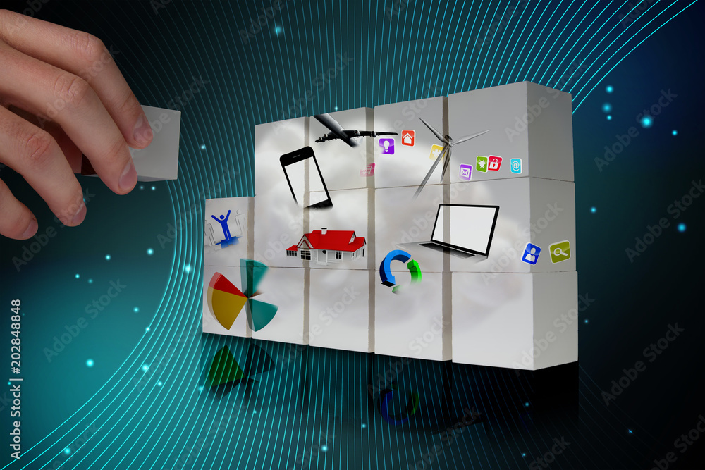 Poster hand building wall showing cloud computing graphic with apps