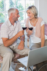 Mature couple with wine glasses at home