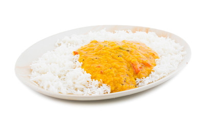 Indian Traditional Cuisine Dal Fry or Rice Also Know as Dal Chawal, Daal Chawal, Dal Rice, Whole Yellow Lentil with Rice or Dal Tadka, Daal Fry Served with Rice isolated on White Background