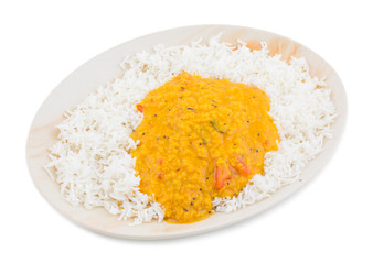 Indian Traditional Cuisine Dal Fry or Rice Also Know as Dal Chawal, Daal Chawal, Dal Rice, Whole Yellow Lentil with Rice or Dal Tadka, Daal Fry Served with Rice isolated on White Background