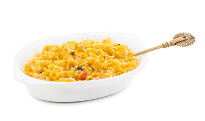 Indian Traditional Cuisine Dal Fry or Rice Also Know as Dal Chawal, Daal Chawal, Dal Rice, Whole Yellow Lentil with Rice or Dal Tadka, Daal Fry Served with Rice isolated on White Background 