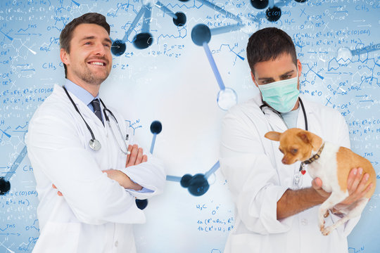 Composite image of happy doctor and vet against notes of biotechnology and genes