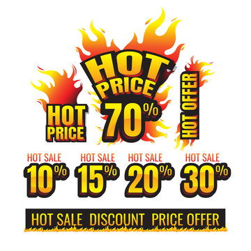 The set of hot price burning labels discount 10%. 15%. 20%. 30%. 70% and tags for hot sale. banner. marketing. Business. percent. on white background. vector