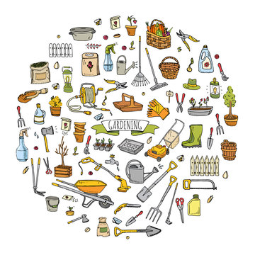 ПечатьHand drawn doodle set of Gardening icons. Vector illustration set. Cartoon Garden symbols. Sketchy elements collection: lawnmower, trimmer, spade, fork, rake, hoe, trug, wheelbarrow, hose reel.