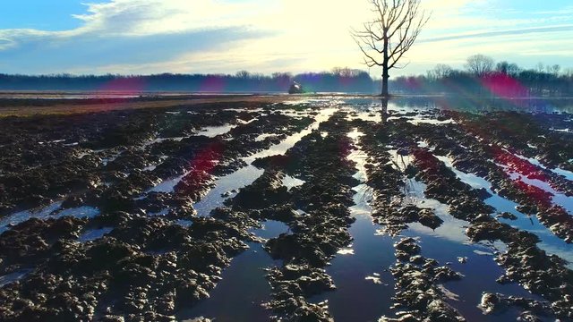 Flooded Farm Fields In Springtime Flooding As Snow Melts In April.
