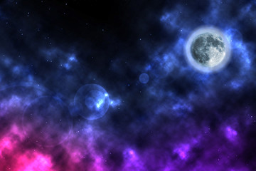Obraz na płótnie Canvas Science fiction illustration: nebulas and planets in a deep space with starry sky