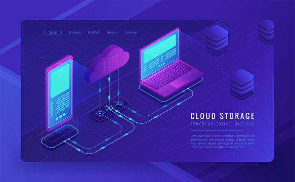 Isometric cloud storage landing page concept. Synchronization backend cloud data storage with laptop and smartphone on ultraviolet background. Upload-download process. Vector 3d isometric illustration