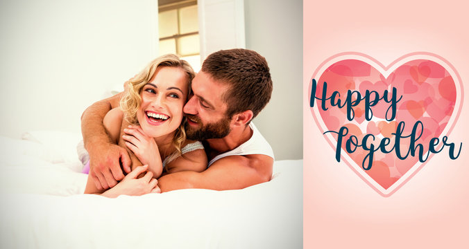 Composite image of couple on bed against backgrounds working