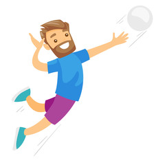 Caucasian white sportsman playing volleyball. Male professional volleyball player hitting the ball. Concept of sport and physical activity. Vector cartoon illustration isolated on white background.