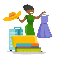 Young african-american woman packing her clothes in an opened suitcase. Woman preparing for business trip and putting a dress in a suitcase. Vector cartoon illustration isolated on white background.