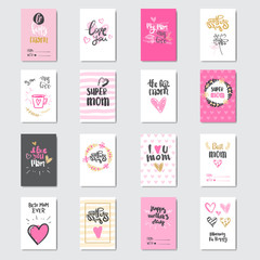 Set Of Happy Mother Day Greeting Cards With Beautiful Hand Drawn Lettering Vector Illustration