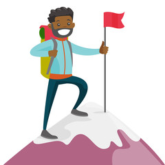 Cheerful african-american climber standing on the top of mountain with a red flag. Young smiling mountaineer climbing on a rock. Vector cartoon illustration isolated on white background. Square layout