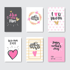 Mothers Day Set Of Greeting Cards Decorated With Cute Lettering Calligraphy Vector Illustration
