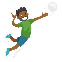 Black sportsman playing volleyball. Male professional volleyball player hitting the ball. Concept of sport and physical activity. Vector cartoon illustration isolated on white background.