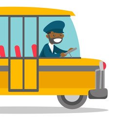 Young black bus driver sitting at steering wheel. Bus driver sitting in the driver cab and driving a passenger bus. Vector cartoon illustration isolated on white background. Square layout.